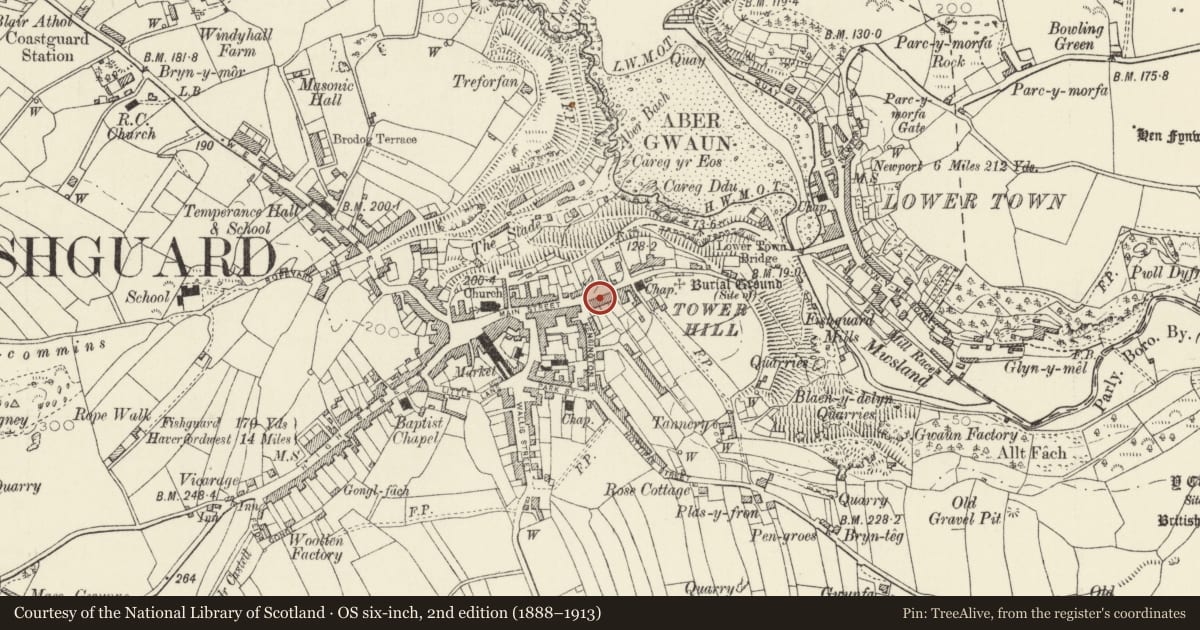Ordnance Survey six-inch map, 2nd edition (1888–1913) covering the location of Tower House, Fishguard and Goodwick, Pembrokeshire, with a pin at the register's coordinates