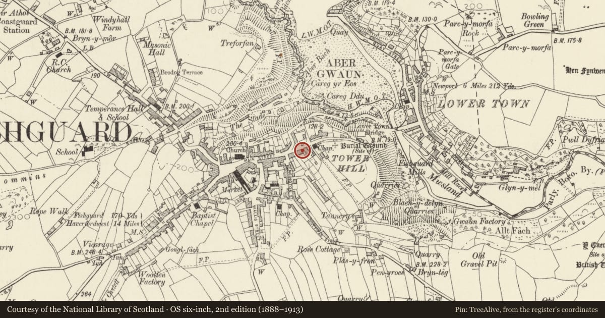 Ordnance Survey six-inch map, 2nd edition (1888–1913) covering the location of Talarfor, Fishguard and Goodwick, Pembrokeshire, with a pin at the register's coordinates