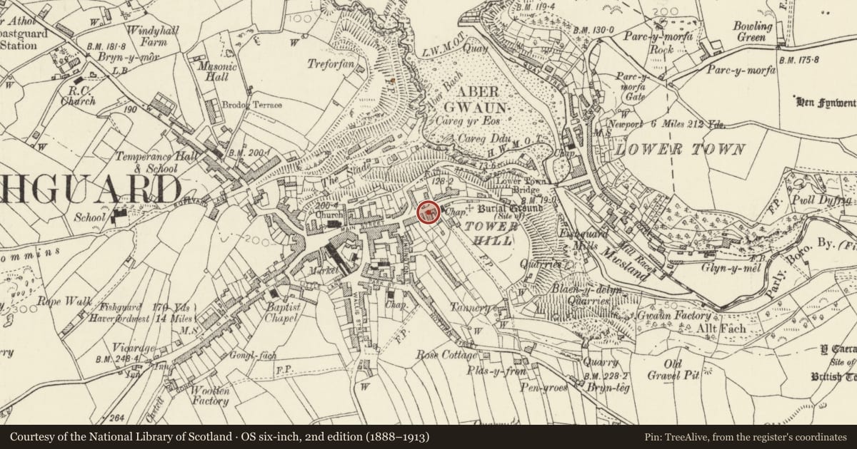 Ordnance Survey six-inch map, 2nd edition (1888–1913) covering the location of Court House, front railings and gatepiers to right, Fishguard and Goodwick, Pembrokeshire, with a pin at the register's coordinates