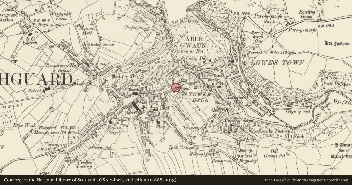 Ordnance Survey six-inch map, 2nd edition (1888–1913) covering the location of Ardwyn and railings to front, Fishguard and Goodwick, Pembrokeshire, with a pin at the register's coordinates