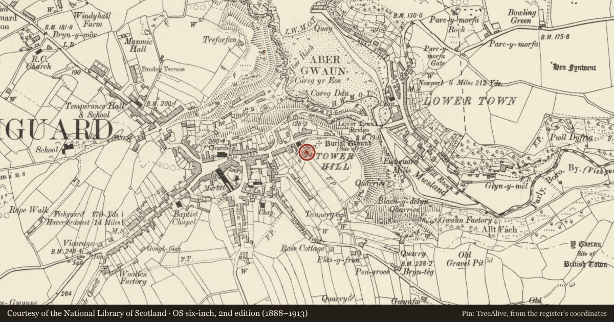 Ordnance Survey six-inch map, 2nd edition (1888–1913) covering the location of Prospect House, Fishguard and Goodwick, Pembrokeshire, with a pin at the register's coordinates
