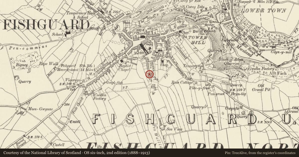 Ordnance Survey six-inch map, 2nd edition (1888–1913) covering the location of 29 Wallis Street, Fishguard and Goodwick, Pembrokeshire, with a pin at the register's coordinates