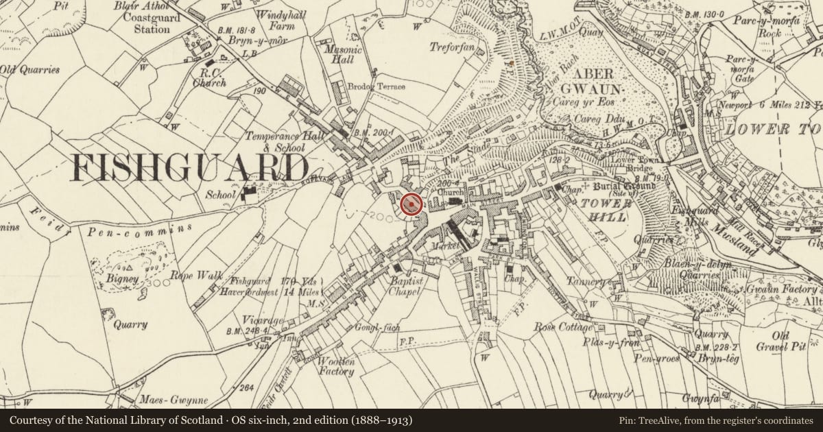 Ordnance Survey six-inch map, 2nd edition (1888–1913) covering the location of 5 West Street, Fishguard and Goodwick, Pembrokeshire, with a pin at the register's coordinates