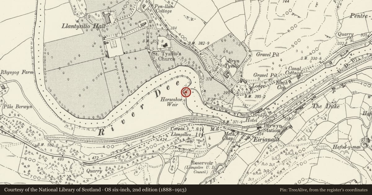 Ordnance Survey six-inch map, 2nd edition (1888–1913) covering the location of Horseshoe Falls (partly in Llantysilio community), Llangollen, Denbighshire, with a pin at the register's coordinates