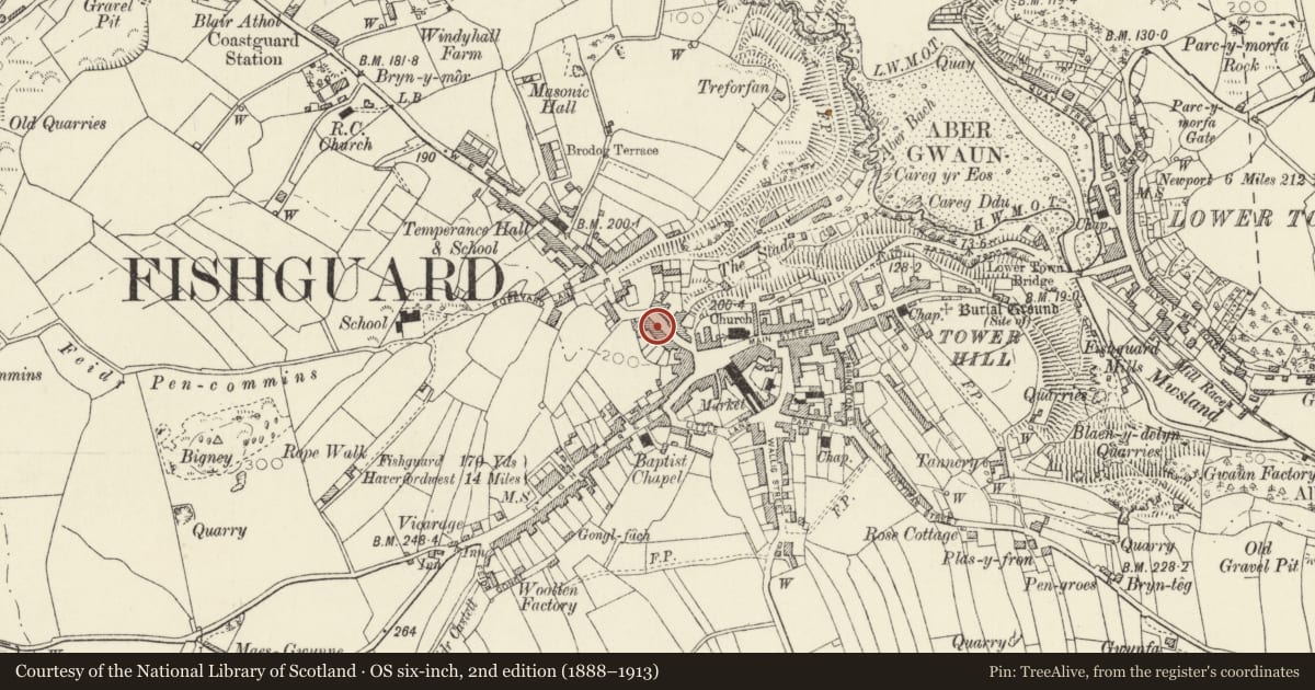 Ordnance Survey six-inch map, 2nd edition (1888–1913) covering the location of The Old Post Office, Fishguard and Goodwick, Pembrokeshire, with a pin at the register's coordinates