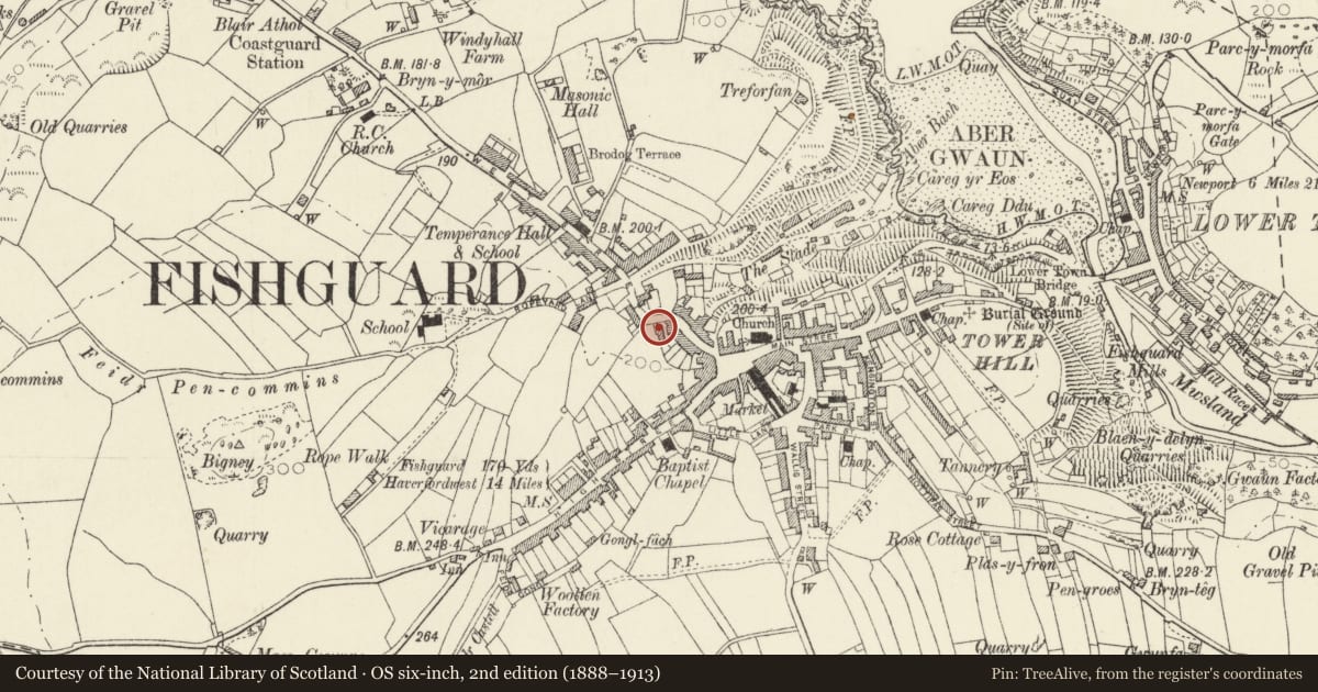 Ordnance Survey six-inch map, 2nd edition (1888–1913) covering the location of Victoria Wine, Fishguard and Goodwick, Pembrokeshire, with a pin at the register's coordinates