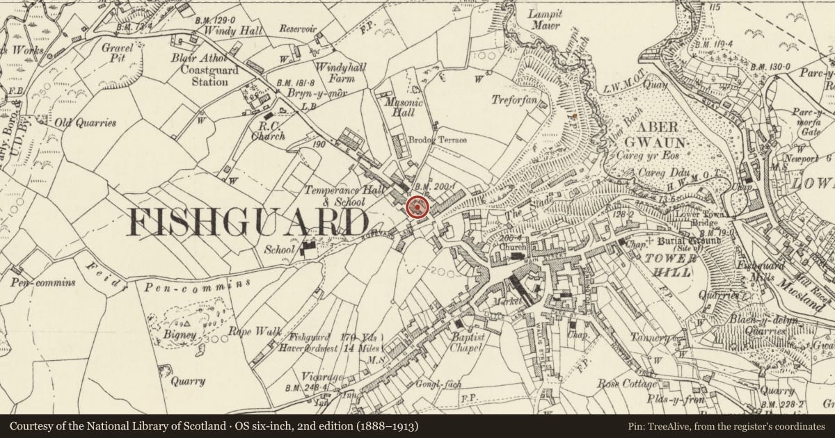 Ordnance Survey six-inch map, 2nd edition (1888–1913) covering the location of 39 West Street, Fishguard and Goodwick, Pembrokeshire, with a pin at the register's coordinates