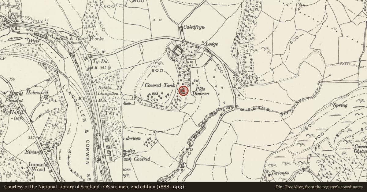 Ordnance Survey six-inch map, 2nd edition (1888–1913) covering the location of Dinbren Hall, Llangollen, Denbighshire, with a pin at the register's coordinates