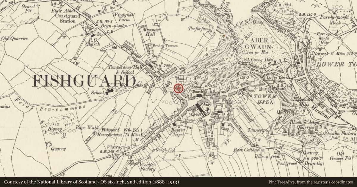 Ordnance Survey six-inch map, 2nd edition (1888–1913) covering the location of 14 West Street, Fishguard and Goodwick, Pembrokeshire, with a pin at the register's coordinates