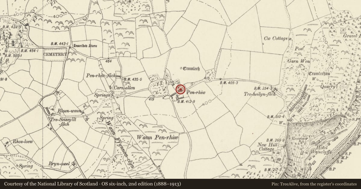 Ordnance Survey six-inch map, 2nd edition (1888–1913) covering the location of Pen-rhiw, Fishguard and Goodwick, Pembrokeshire, with a pin at the register's coordinates