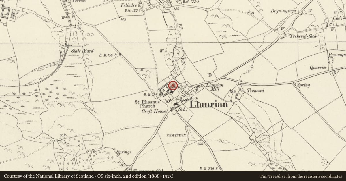 Ordnance Survey six-inch map, 2nd edition (1888–1913) covering the location of Manor House, Llanrhian, Pembrokeshire, with a pin at the register's coordinates