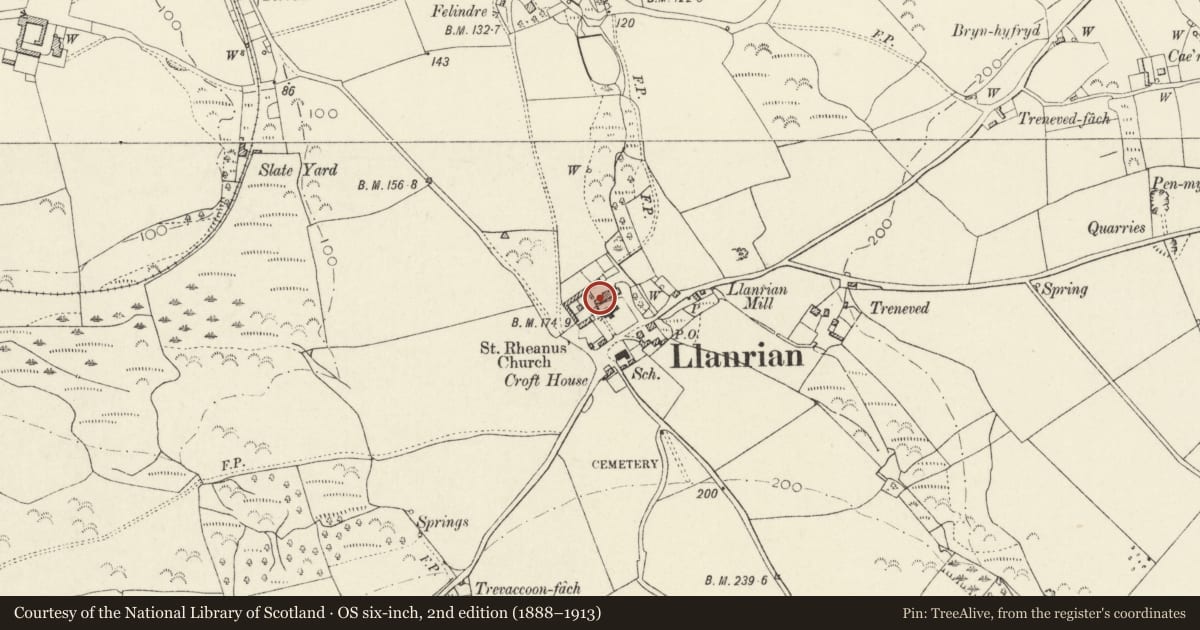 Ordnance Survey six-inch map, 2nd edition (1888–1913) covering the location of Stable Range attached to W.end of Manor House, Llanrhian, Pembrokeshire, with a pin at the register's coordinates