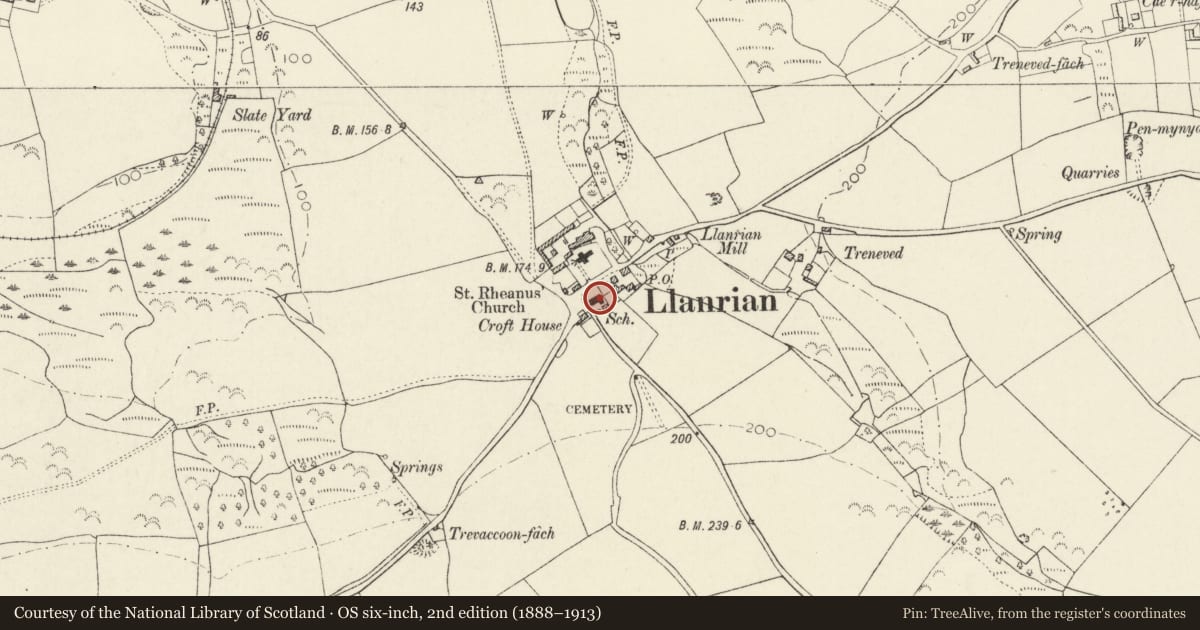 Ordnance Survey six-inch map, 2nd edition (1888–1913) covering the location of School House, Llanrhian, Pembrokeshire, with a pin at the register's coordinates