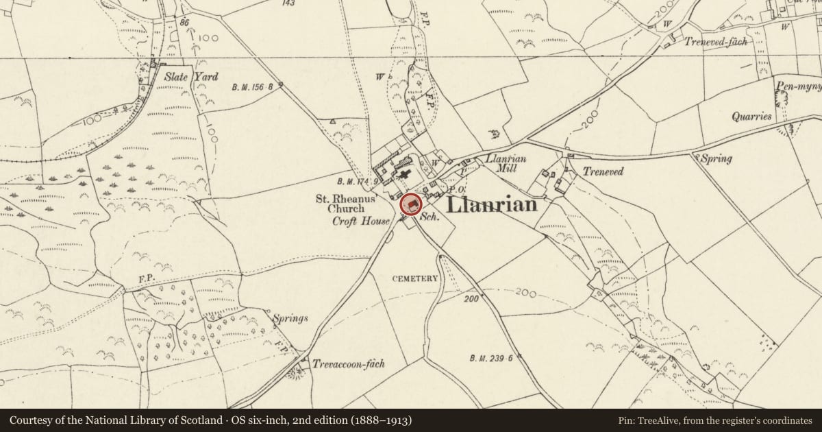 Ordnance Survey six-inch map, 2nd edition (1888–1913) covering the location of Church Hall, Llanrhian, Pembrokeshire, with a pin at the register's coordinates