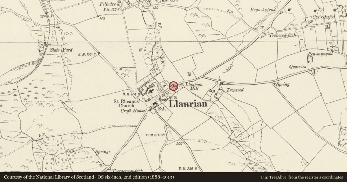 Ordnance Survey six-inch map, 2nd edition (1888–1913) covering the location of Slated Pavement & Enclosure Wall at Village Pump, Llanrhian, Pembrokeshire, with a pin at the register's coordinates