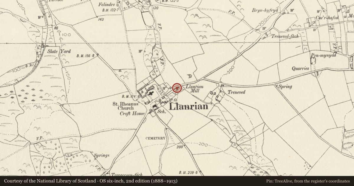 Ordnance Survey six-inch map, 2nd edition (1888–1913) covering the location of Llanrhian Mill, Pembrokeshire, with a pin at the register's coordinates