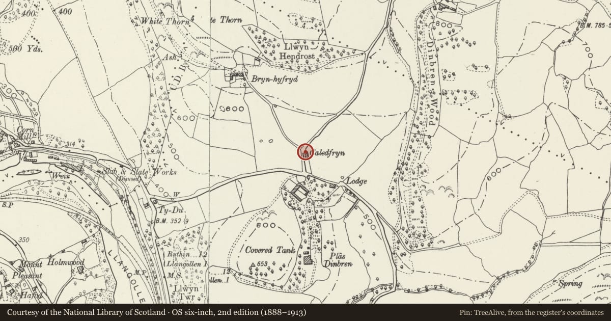 Ordnance Survey six-inch map, 2nd edition (1888–1913) covering the location of Caledfryn, Llangollen, Denbighshire, with a pin at the register's coordinates