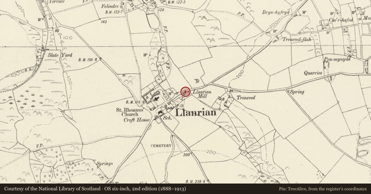 Ordnance Survey six-inch map, 2nd edition (1888–1913) covering the location of Outbuilding at Llanrhian Mill, Pembrokeshire, with a pin at the register's coordinates