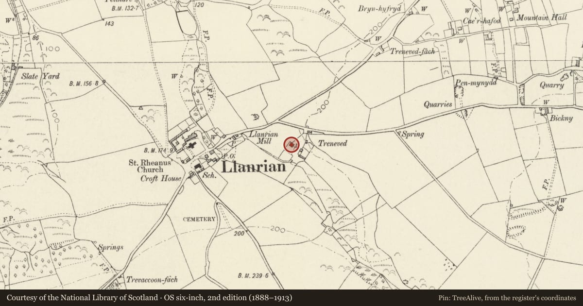 Ordnance Survey six-inch map, 2nd edition (1888–1913) covering the location of Treneved, Llanrhian, Pembrokeshire, with a pin at the register's coordinates