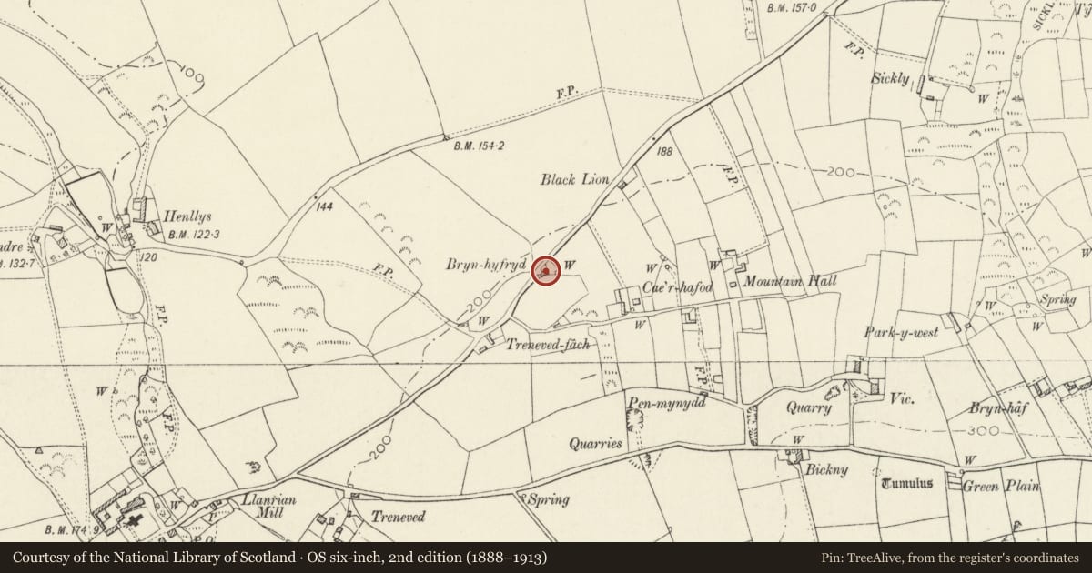 Ordnance Survey six-inch map, 2nd edition (1888–1913) covering the location of Brynhyfryd, Llanrhian, Pembrokeshire, with a pin at the register's coordinates