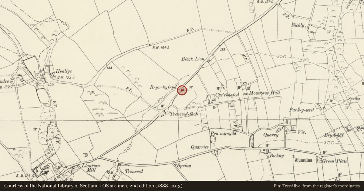 Ordnance Survey six-inch map, 2nd edition (1888–1913) covering the location of Outbuilding to W. of OF Brynhyfryd, Llanrhian, Pembrokeshire, with a pin at the register's coordinates