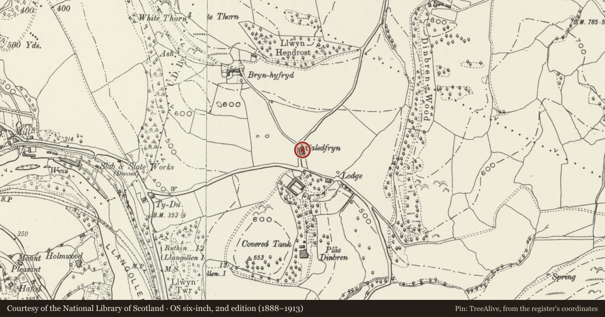 Ordnance Survey six-inch map, 2nd edition (1888–1913) covering the location of Cottage attached to Caledfryn, Llangollen, Denbighshire, with a pin at the register's coordinates