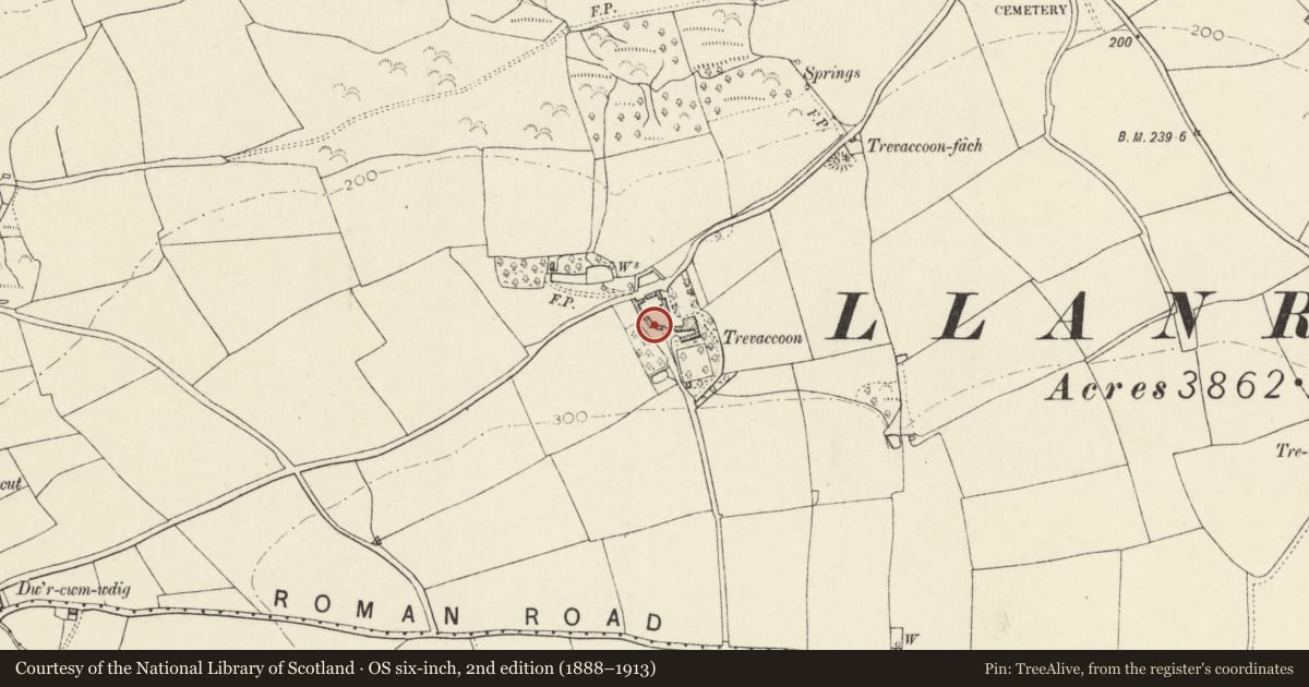 Ordnance Survey six-inch map, 2nd edition (1888–1913) covering the location of Farm Building to W of Trevacoon, Llanrhian, Pembrokeshire, with a pin at the register's coordinates
