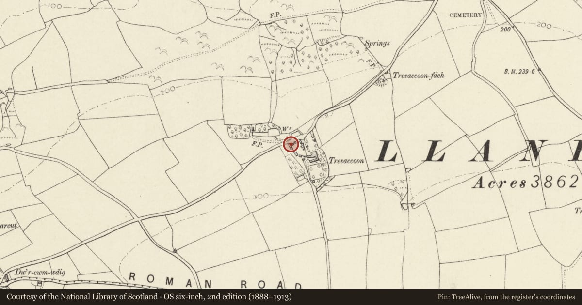 Ordnance Survey six-inch map, 2nd edition (1888–1913) covering the location of Range of Farm Buildings enclosing N.end of Farmyard at Trevacoon, Llanrhian, Pembrokeshire, with a pin at the register's coordinates