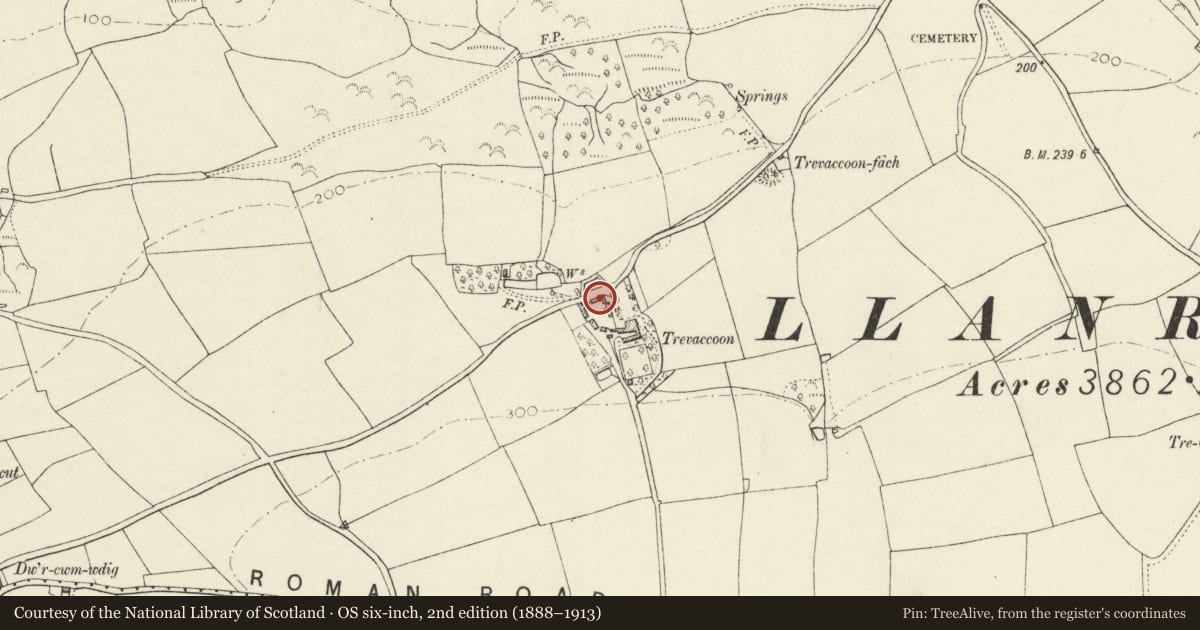Ordnance Survey six-inch map, 2nd edition (1888–1913) covering the location of Range of Farm Buildings enclosing N.end of Farmyard at Trevacoon, Llanrhian, Pembrokeshire, with a pin at the register's coordinates