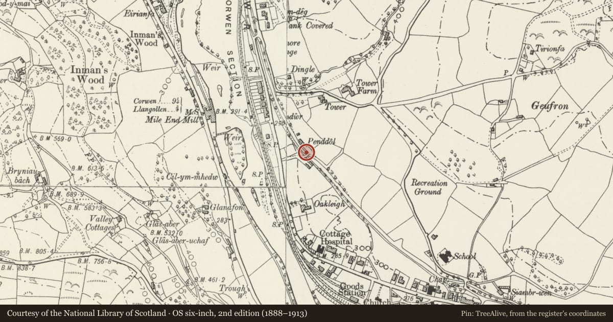Ordnance Survey six-inch map, 2nd edition (1888–1913) covering the location of Canal Bridge (no.46 at Penddol), Llangollen, Denbighshire, with a pin at the register's coordinates