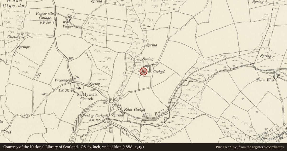 Ordnance Survey six-inch map, 2nd edition (1888–1913) covering the location of Cerbyd Old Farmhouse, Llanrhian, Pembrokeshire, with a pin at the register's coordinates