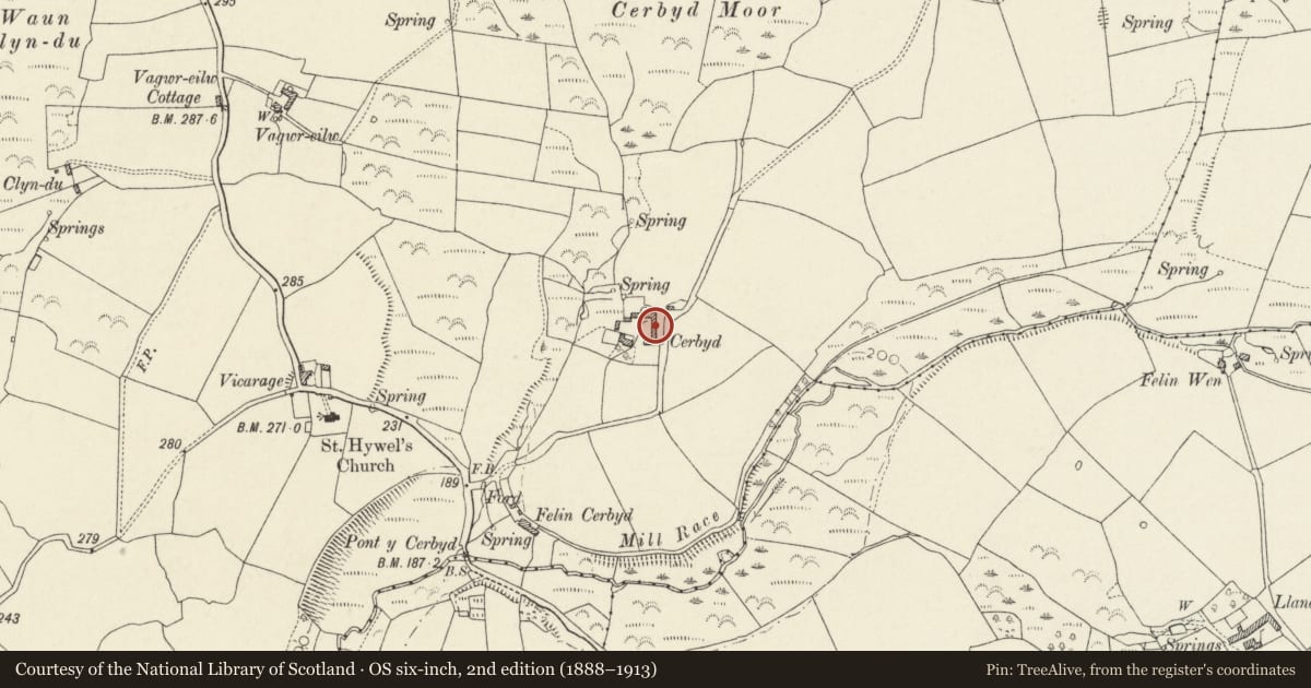 Ordnance Survey six-inch map, 2nd edition (1888–1913) covering the location of L-Plan Range of Outbuildings at Cerbyd Old Farmhouse, Llanrhian, Pembrokeshire, with a pin at the register's coordinates
