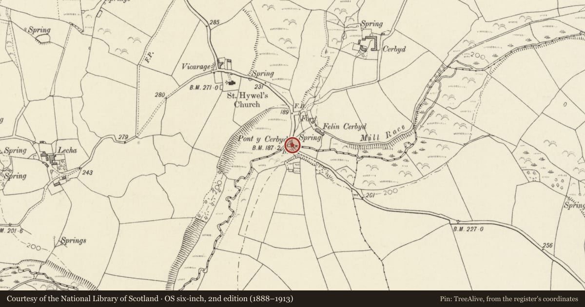 Ordnance Survey six-inch map, 2nd edition (1888–1913) covering the location of Pont-y-Cerbyd, Llanrhian, Pembrokeshire, with a pin at the register's coordinates
