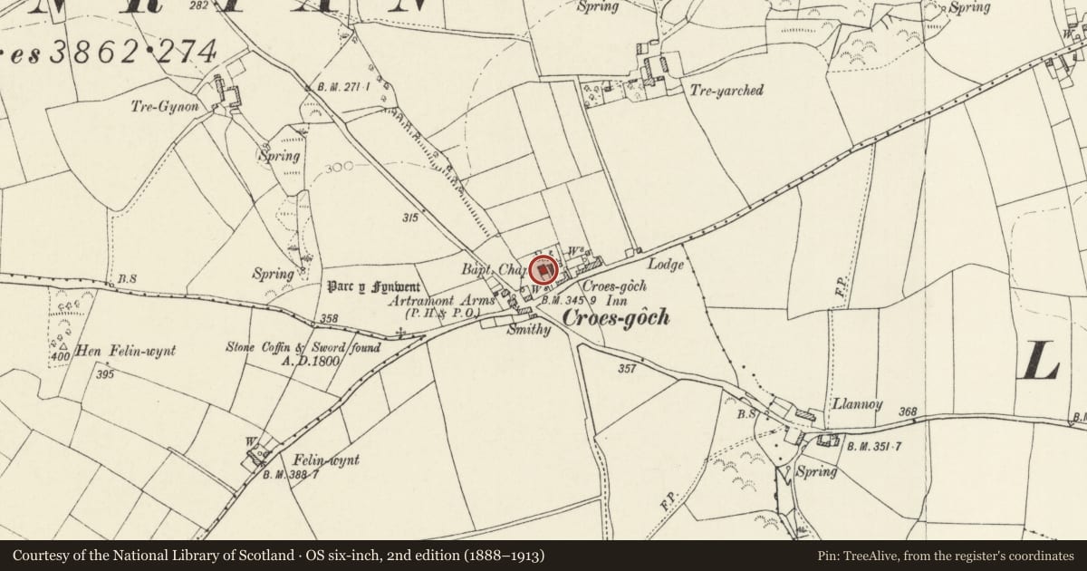 Ordnance Survey six-inch map, 2nd edition (1888–1913) covering the location of Capel y Bedydddwyr/Baptist Chapel, Llanrhian, Pembrokeshire, with a pin at the register's coordinates