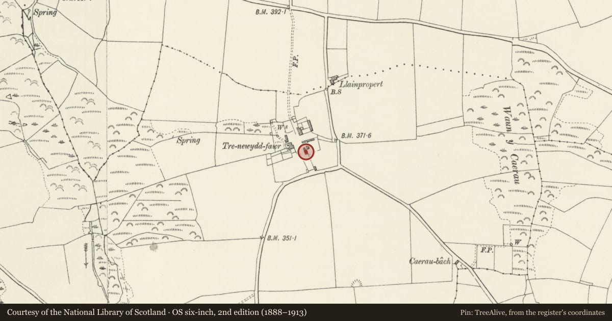 Ordnance Survey six-inch map, 2nd edition (1888–1913) covering the location of Cartshed to E of Trenewydd Fawr, Llanrhian, Pembrokeshire, with a pin at the register's coordinates