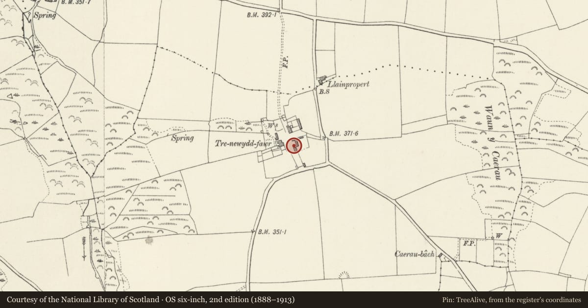 Ordnance Survey six-inch map, 2nd edition (1888–1913) covering the location of Granary Range to E of Trenewydd Fawr, Llanrhian, Pembrokeshire, with a pin at the register's coordinates