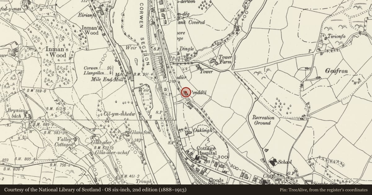 Ordnance Survey six-inch map, 2nd edition (1888–1913) covering the location of Penddol, Llangollen, Denbighshire, with a pin at the register's coordinates