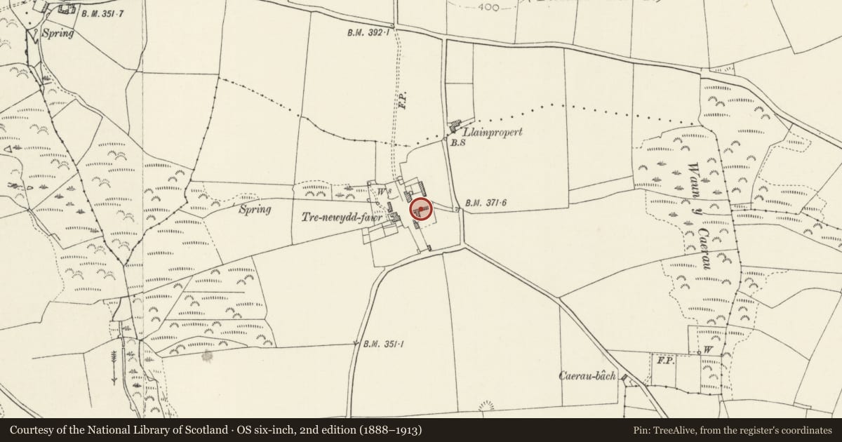 Ordnance Survey six-inch map, 2nd edition (1888–1913) covering the location of Range of Outbuildings on S.Side of Farmyard at Trenewydd Fawr, Llanrhian, Pembrokeshire, with a pin at the register's coordinates