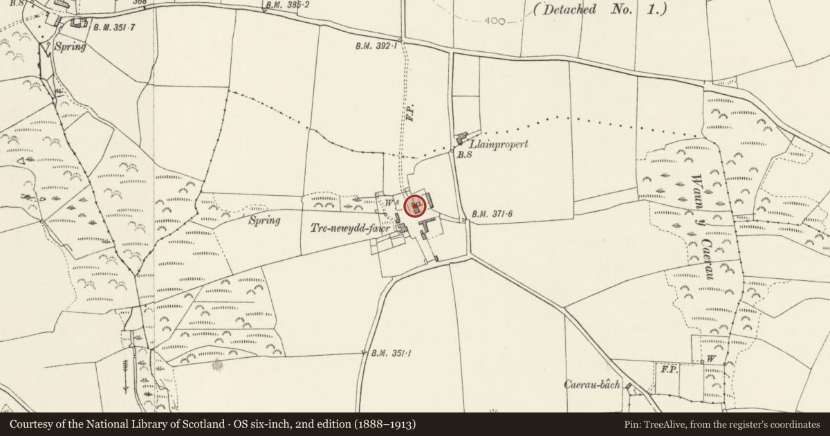 Ordnance Survey six-inch map, 2nd edition (1888–1913) covering the location of Outbuilding on W.Side of Farmyard at Trenewydd Fawr, Llanrhian, Pembrokeshire, with a pin at the register's coordinates