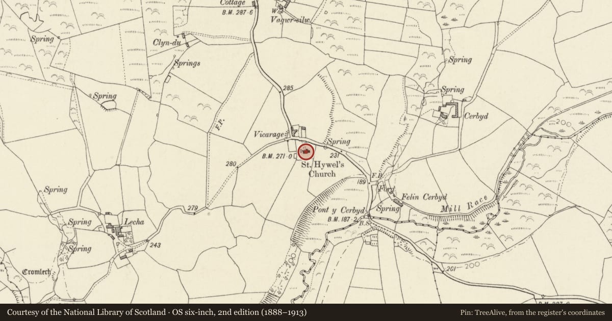Ordnance Survey six-inch map, 2nd edition (1888–1913) covering the location of Church of St Hywel, Llanrhian, Pembrokeshire, with a pin at the register's coordinates