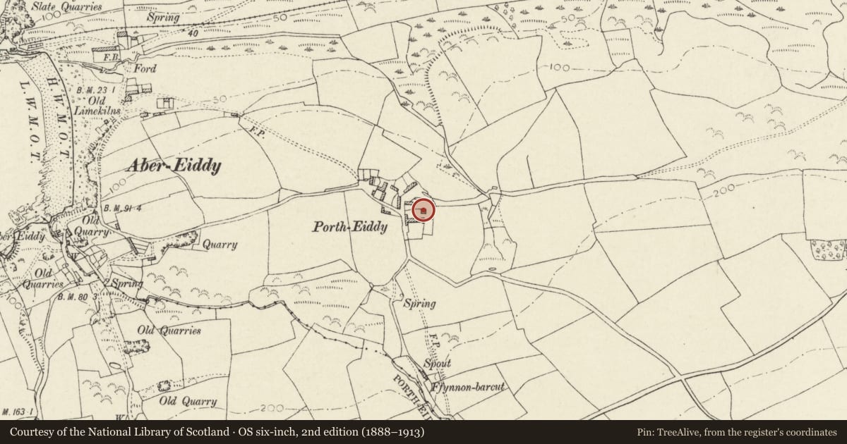 Ordnance Survey six-inch map, 2nd edition (1888–1913) covering the location of Porthiddy Farmhouse, Llanrhian, Pembrokeshire, with a pin at the register's coordinates