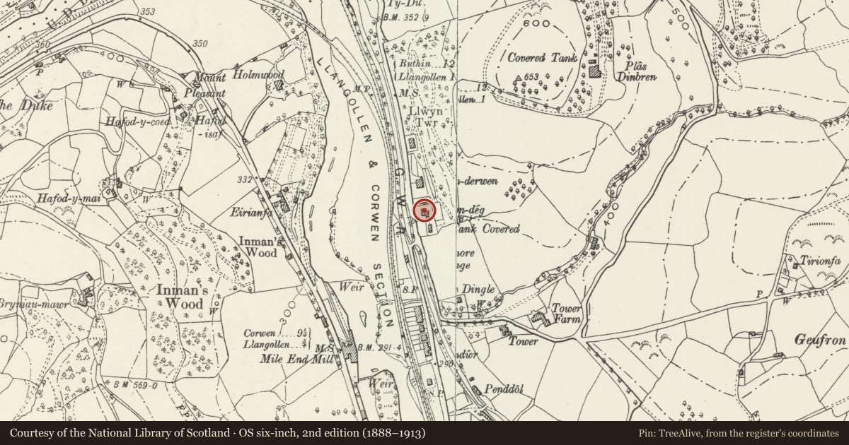 Ordnance Survey six-inch map, 2nd edition (1888–1913) covering the location of Fron Deg, Llangollen, Denbighshire, with a pin at the register's coordinates
