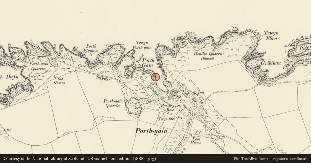 Ordnance Survey six-inch map, 2nd edition (1888–1913) covering the location of Polot House, Llanrhian, Pembrokeshire, with a pin at the register's coordinates
