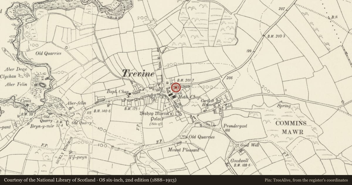 Ordnance Survey six-inch map, 2nd edition (1888–1913) covering the location of Ffordd Abercastell, Llanrhian, Pembrokeshire, with a pin at the register's coordinates