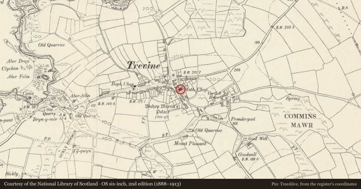 Ordnance Survey six-inch map, 2nd edition (1888–1913) covering the location of Capel Y Trefnyddion Calvinaidd/Calvinistic Methodist Chapel, Llanrhian, Pembrokeshire, with a pin at the register's coordinates