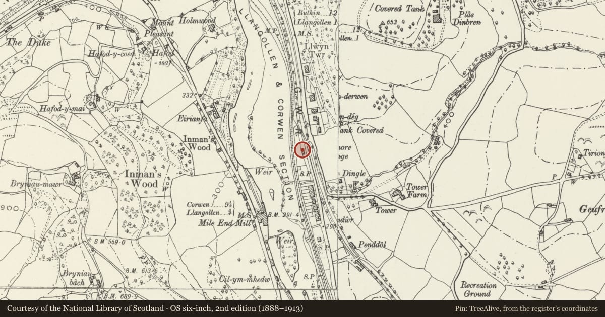 Ordnance Survey six-inch map, 2nd edition (1888–1913) covering the location of Sycamore, Llangollen, Denbighshire, with a pin at the register's coordinates