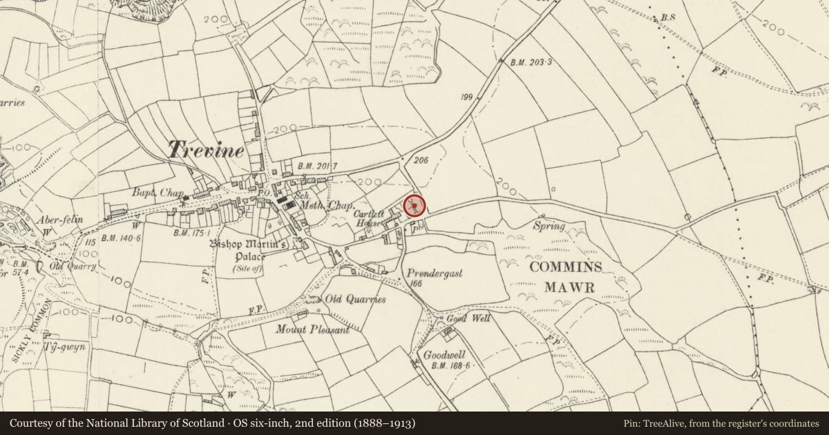 Ordnance Survey six-inch map, 2nd edition (1888–1913) covering the location of Walls to walled Garden at Cartlett House, Llanrhian, Pembrokeshire, with a pin at the register's coordinates