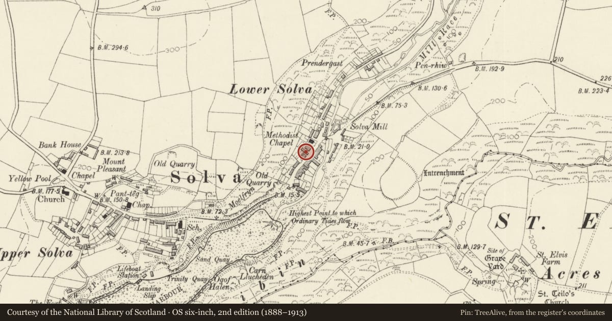 Ordnance Survey six-inch map, 2nd edition (1888–1913) covering the location of The Hungry Caterpillar Cafe & Shop, Solva, Pembrokeshire, with a pin at the register's coordinates