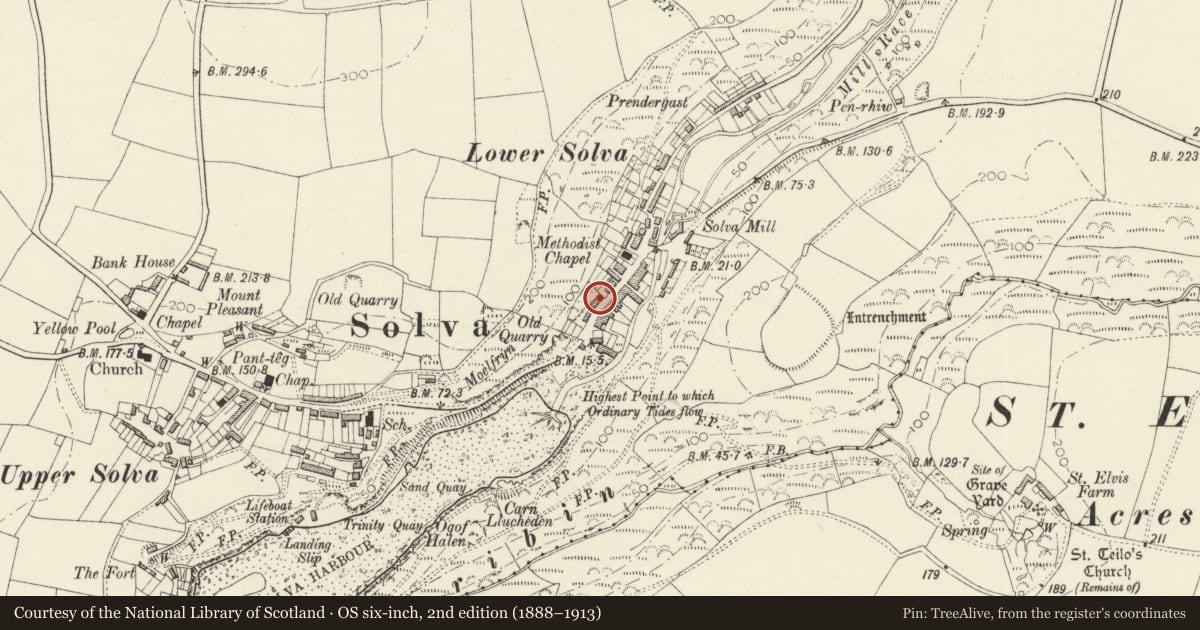 Ordnance Survey six-inch map, 2nd edition (1888–1913) covering the location of The Old Printing House, Solva, Pembrokeshire, with a pin at the register's coordinates