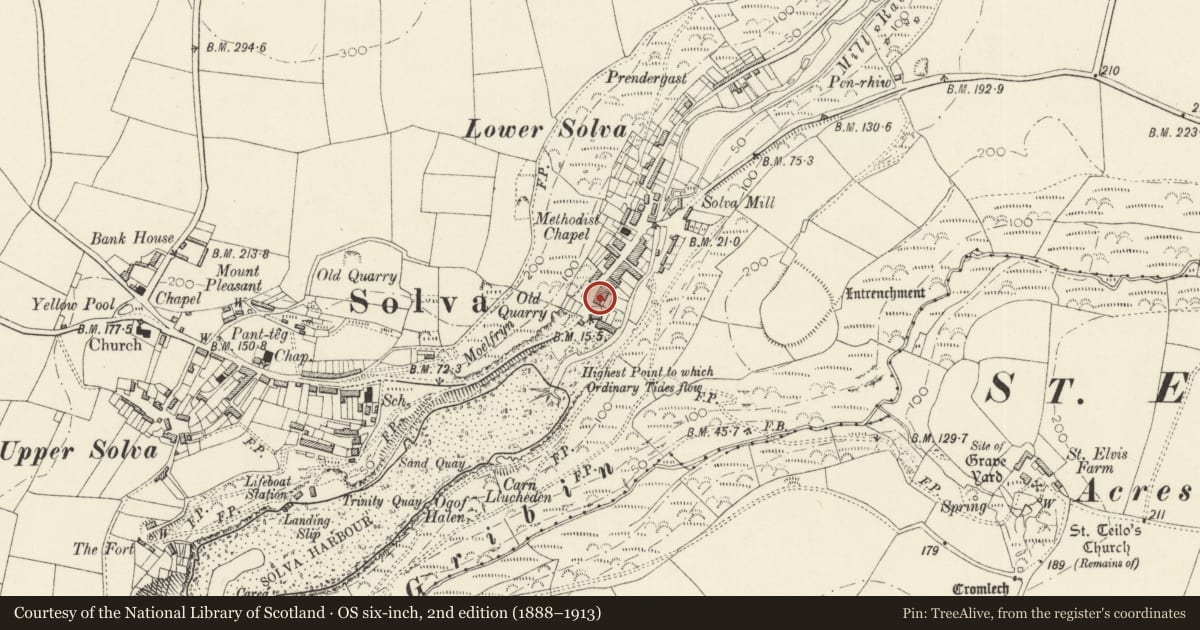 Ordnance Survey six-inch map, 2nd edition (1888–1913) covering the location of Gwyryd House, Solva, Pembrokeshire, with a pin at the register's coordinates